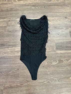ZARA Black Textured Fringe Bodysuit Cowl Neck Sleeveless S